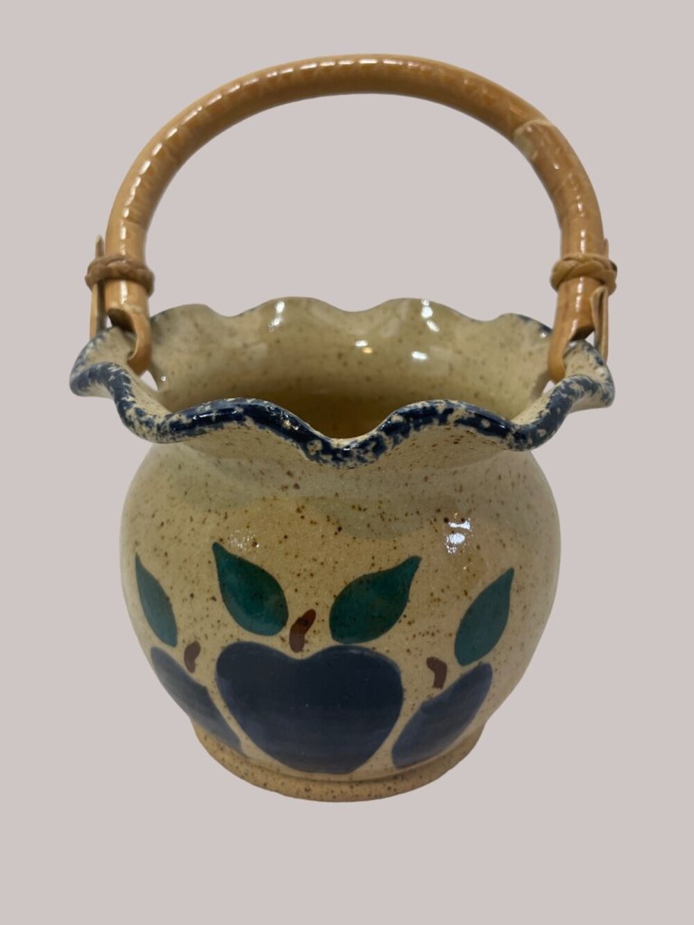 Three Rivers Pottery Basket Wooden Handle Handpainted Blue Apples 1993